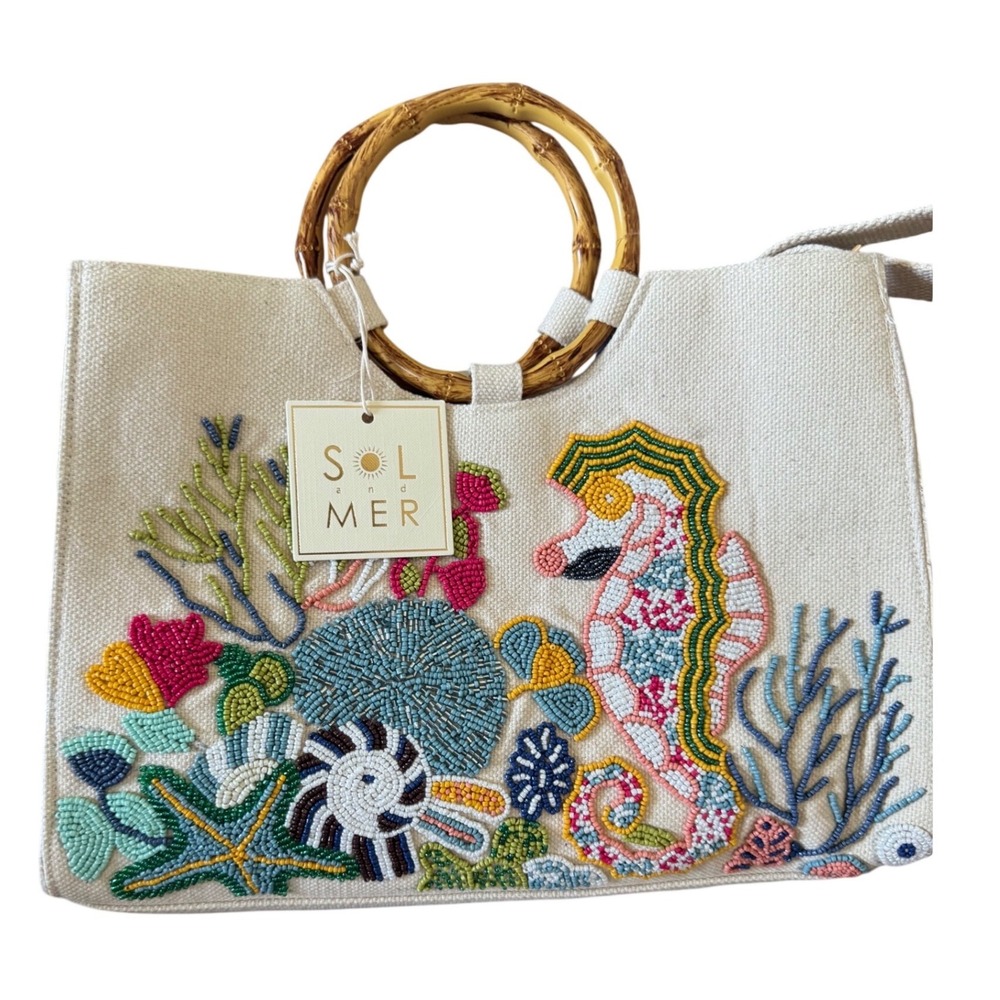 Viral Handcrafted Sea Life Seahorse Medium Tote Bamboo Handles Crossbody Strap